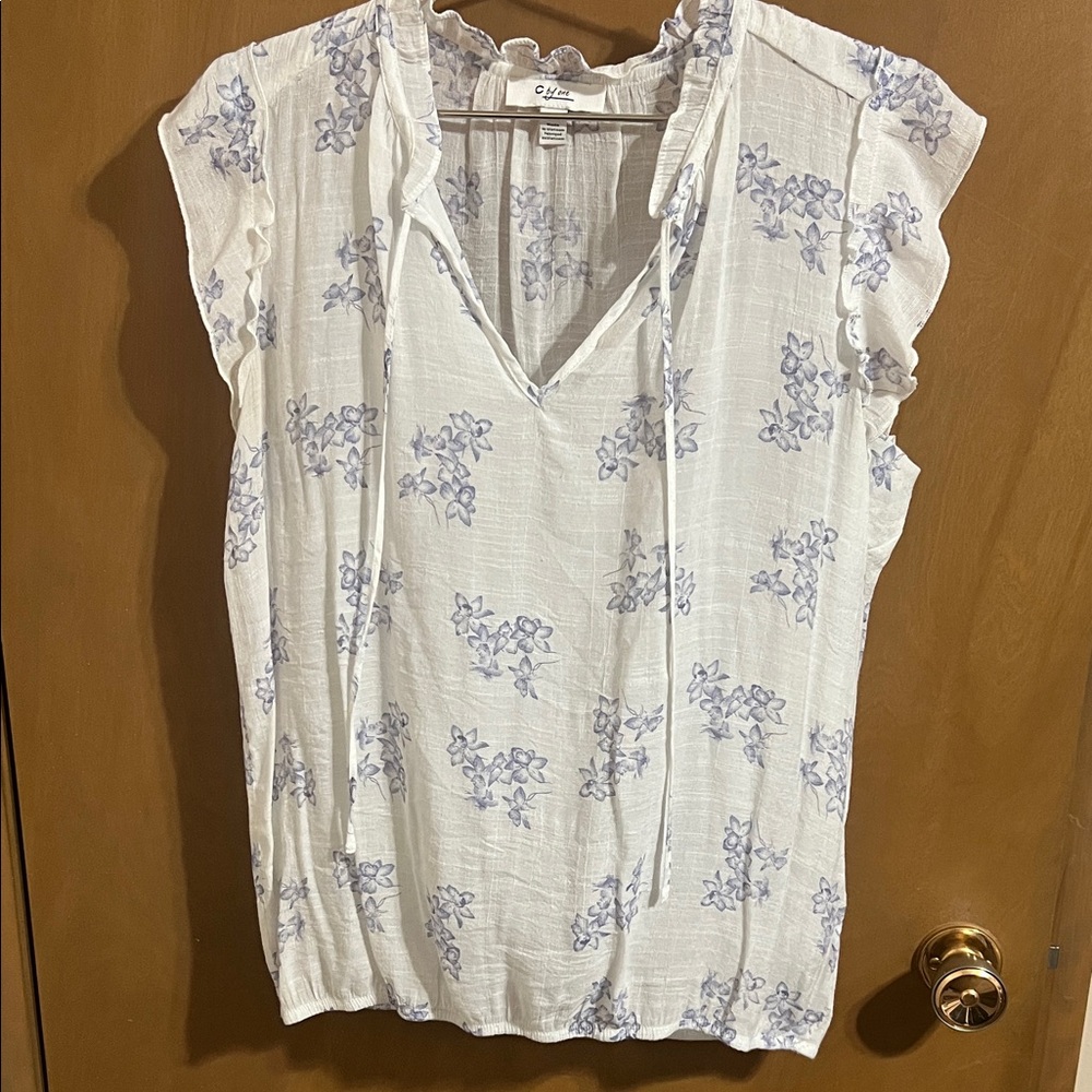 Elegant White and Purple Floral Blouse